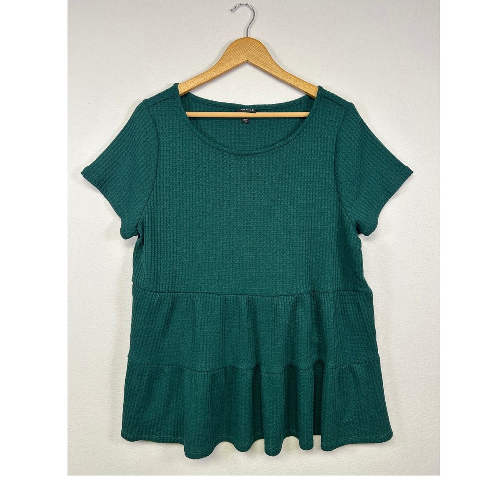 Boho Babydoll Torrid 1X Green Waffle Knit Tiered Short Sleeve Scoop Neck Top